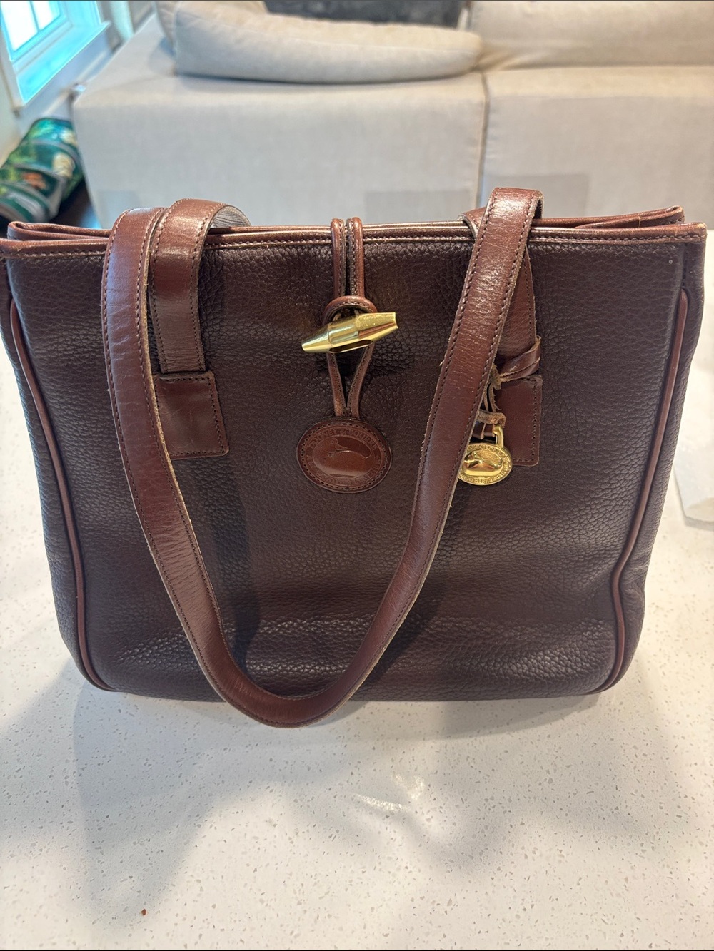 Vintage Dooney & Bourke AWL Toggle Tote Bag Brown Pebbled Leather Made In USA